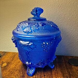 Vintage Cobalt Blue Glass Covered Candy Dish with Grape Leaf Design, Footed